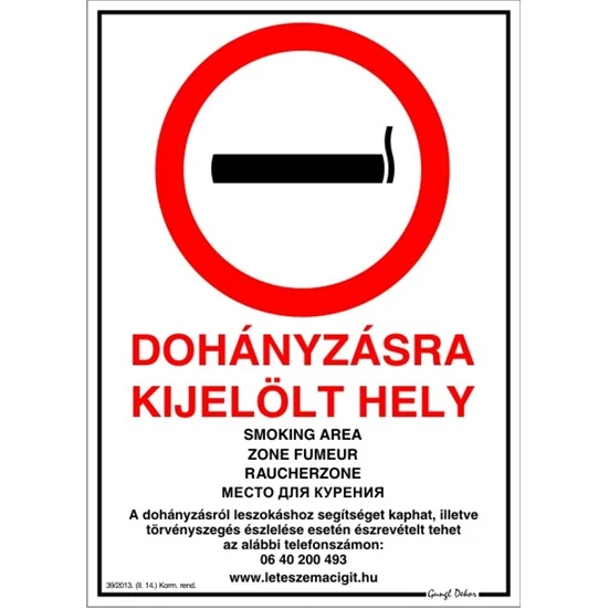 MATRICA ÖNTAPADÓS A4 "DOHÁNYZÁSRA KIJELÖLT HELY"